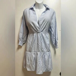 Zara 3/4 Sleeve V Neck Collar Striped Dress Casual A Line Ruffle Hem Mini